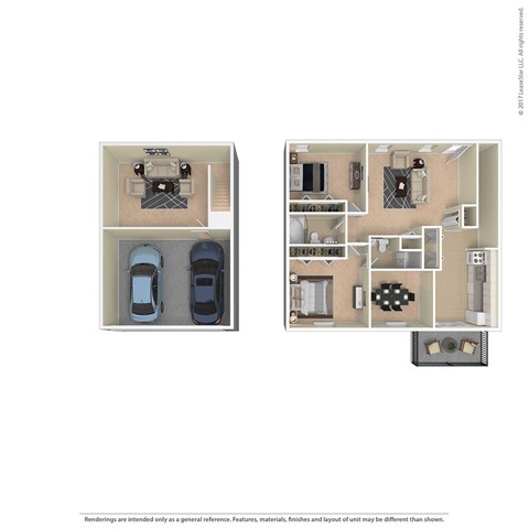 Floor plan for 2 beds, 2 baths, 1369 sqft